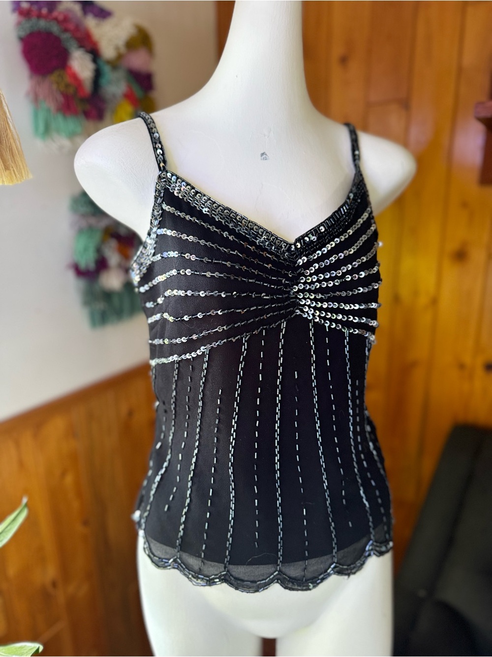 Vintage Newport News Black Beaded Sequin Cami Top Size 4 Y2K Party